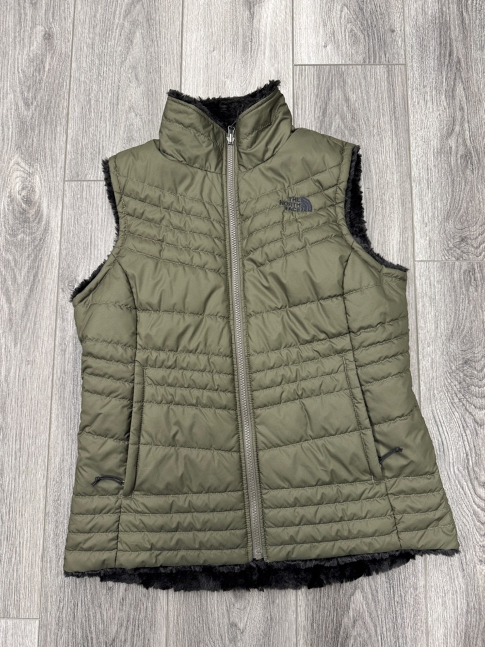 The North Face Women's Olive Green/ Black Faux Fur  Quilted Reversible Vest